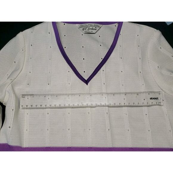 NPC Fashions Purple Teal Black On White Sweater - Picture 4 of 8